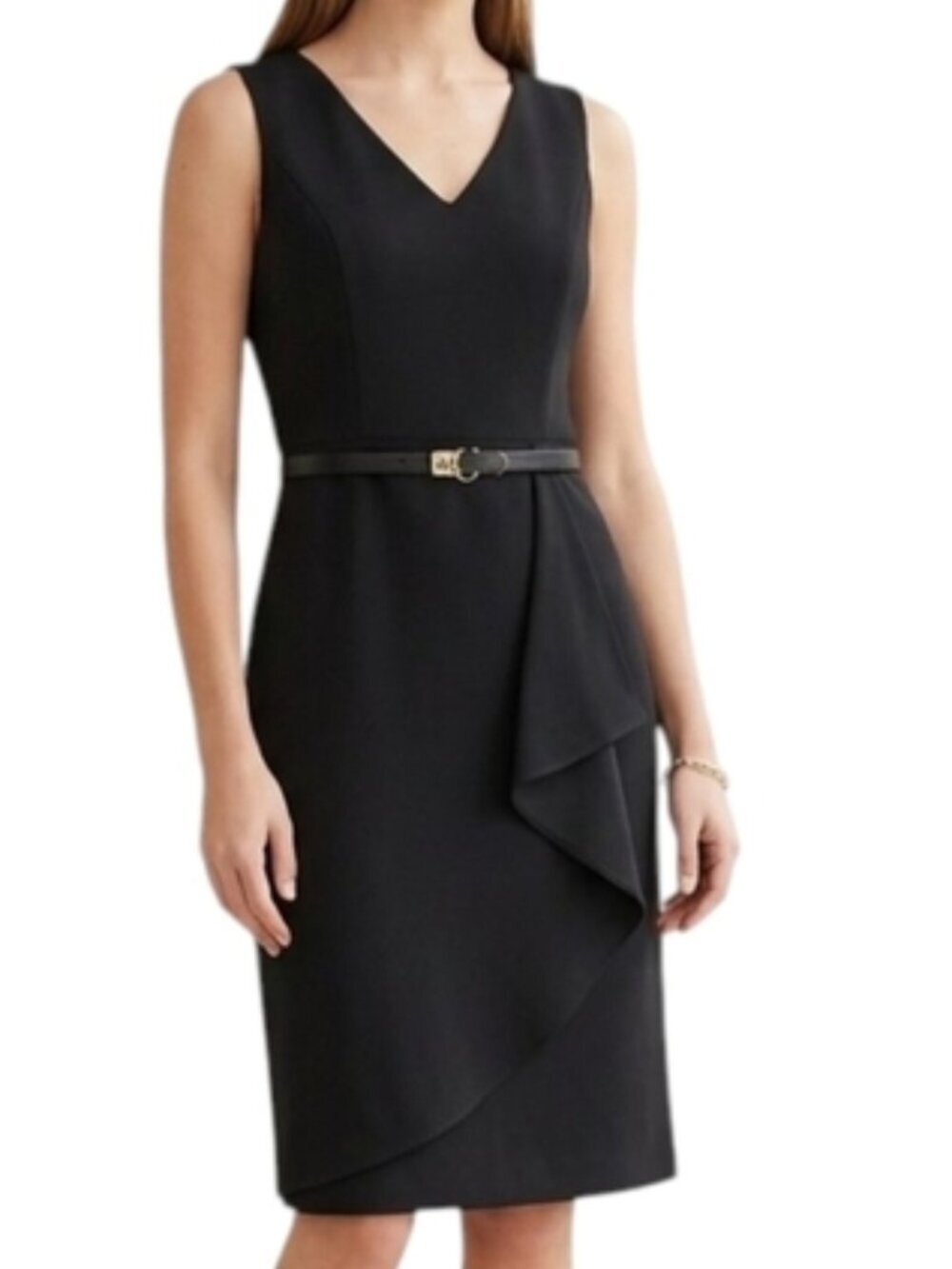 Calvin Klein Dress Women 8 Black Faux Wrap Sleeveless Ruffle
